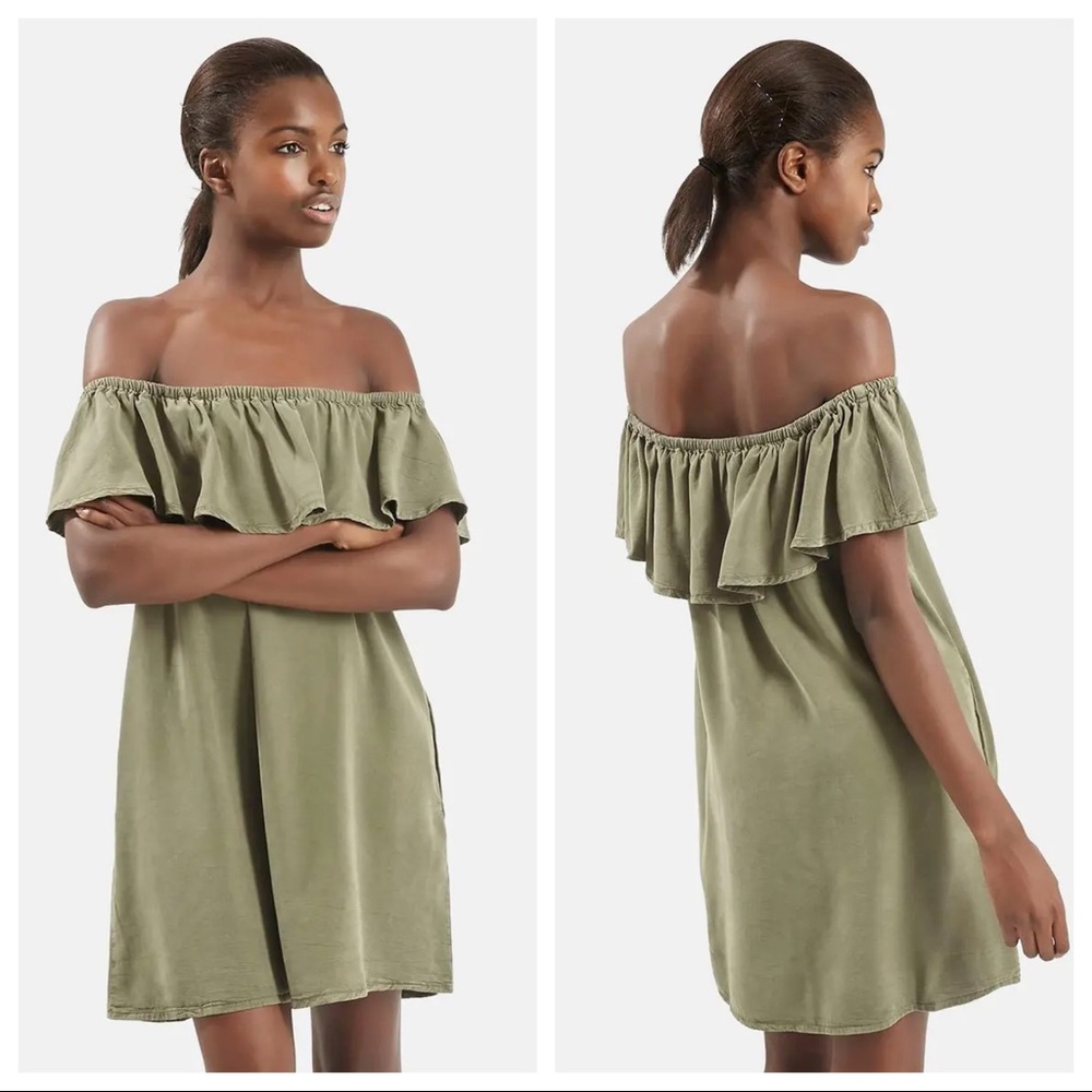 TopShop Olive Green Ruffled Off Shoulder Dress - Picture 4 of 8